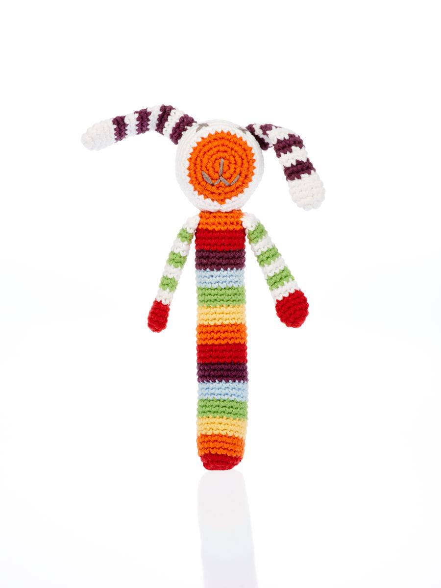 Multi stripe crochet bunny stick rattle